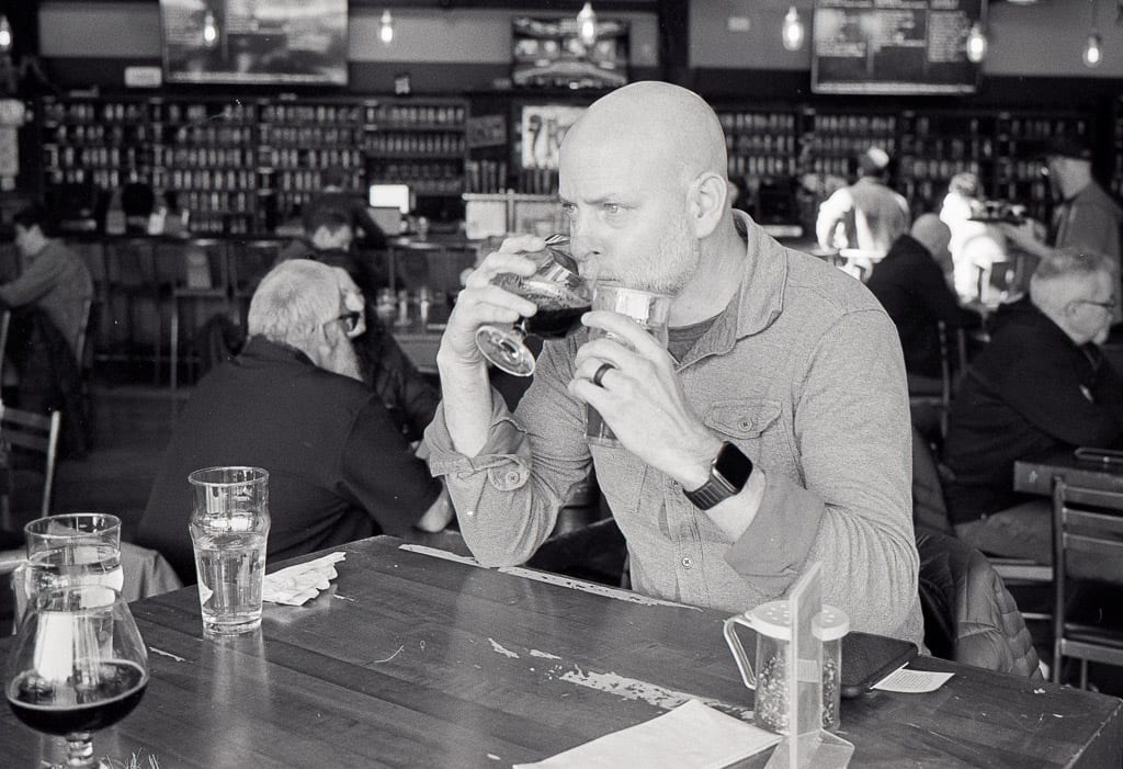 Steve tasting beers at Founders